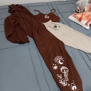 Brown and Cream Graphic Hoodie and Jogger Set